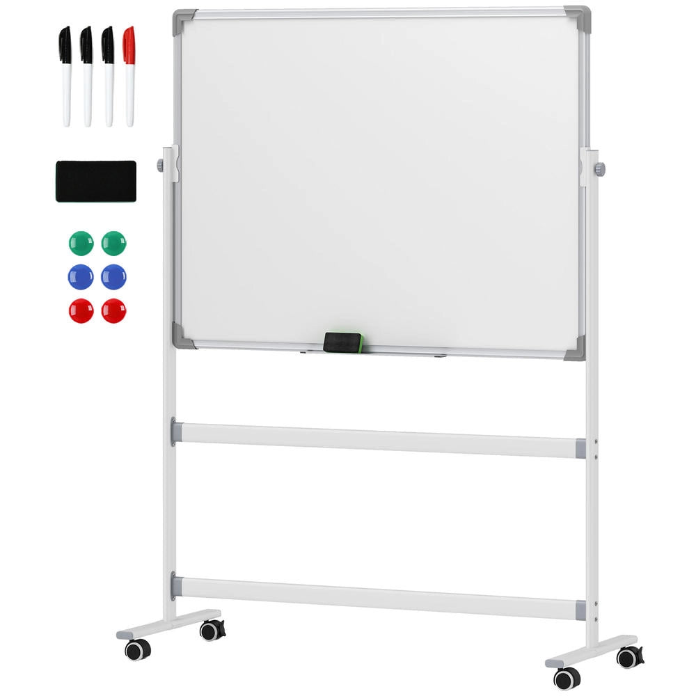Lavagna magnetica bianca 120 x 90 cm mobile su ruote girevole 360° telaio in metallo per ufficio e casa