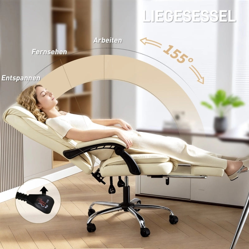 Sedia da ufficio reclinabile con poggiapiedi in similpelle beige girevole con ruote 113–121 × 66 × 72 cm
