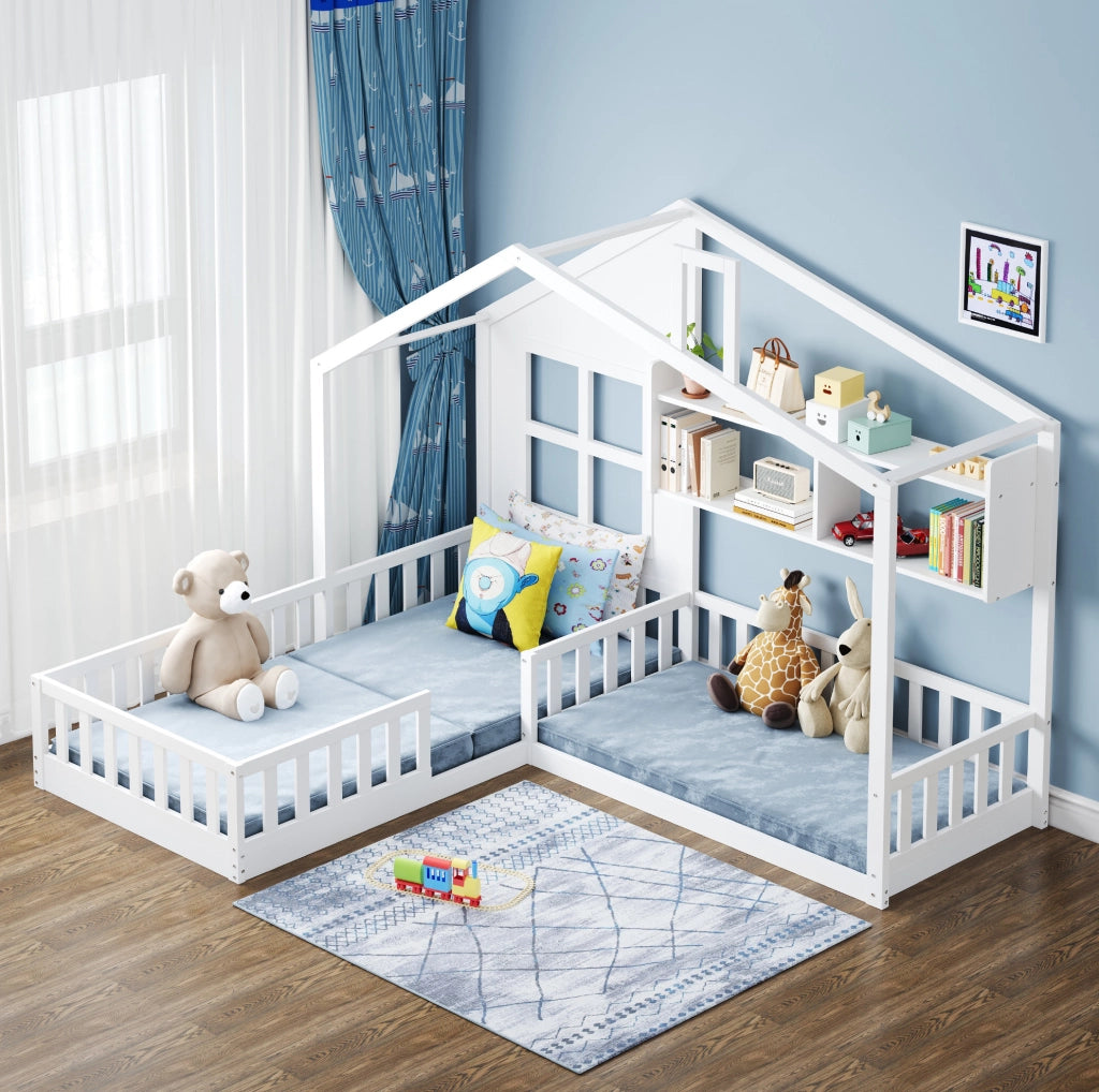 Letto per bambini a casetta 90x200 cm con ripiani e sponde; in MDF; bianco
