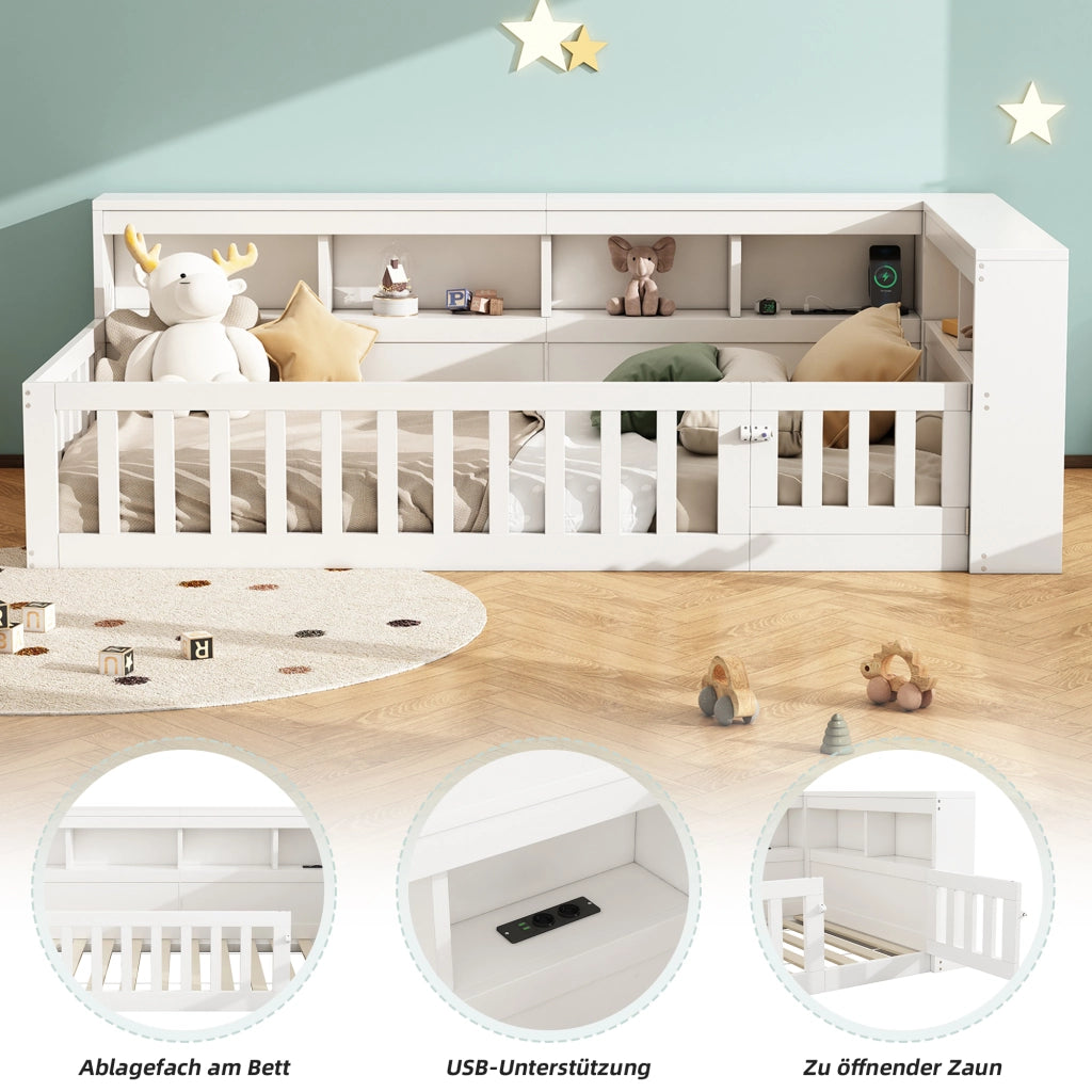 Letto singolo a divano 90 × 200 cm con rete a doghe in pannelli di particelle e MDF bianco con prese e porte USB
