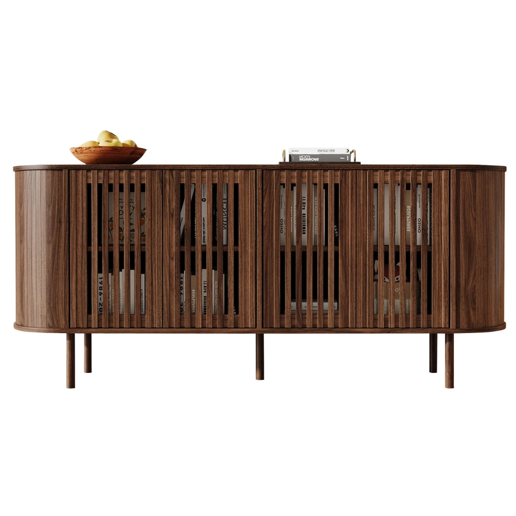 Credenza 160x40x70 cm in MDF con 4 ante scorrevoli traforate e ripiani regolabili; noce