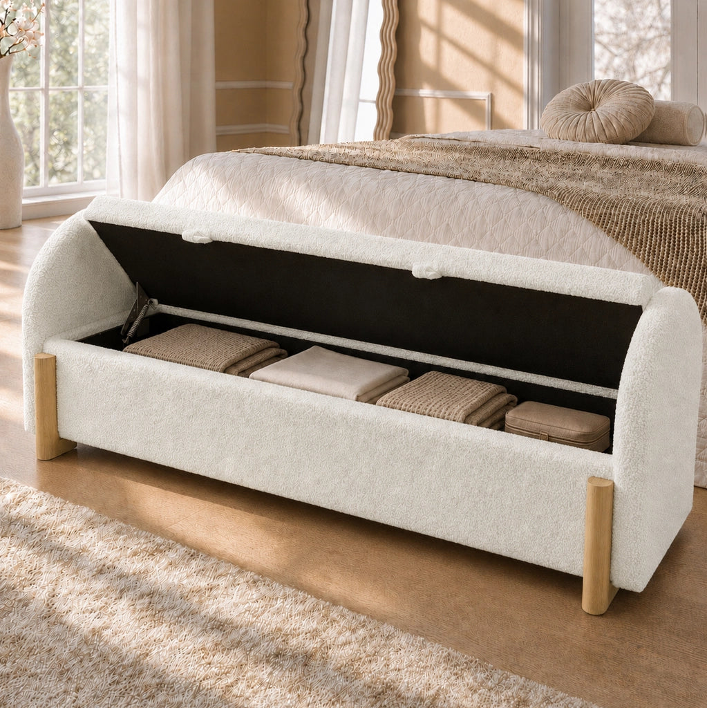 Panca contenitore bianca in bouclé 166 cm con apertura idraulica