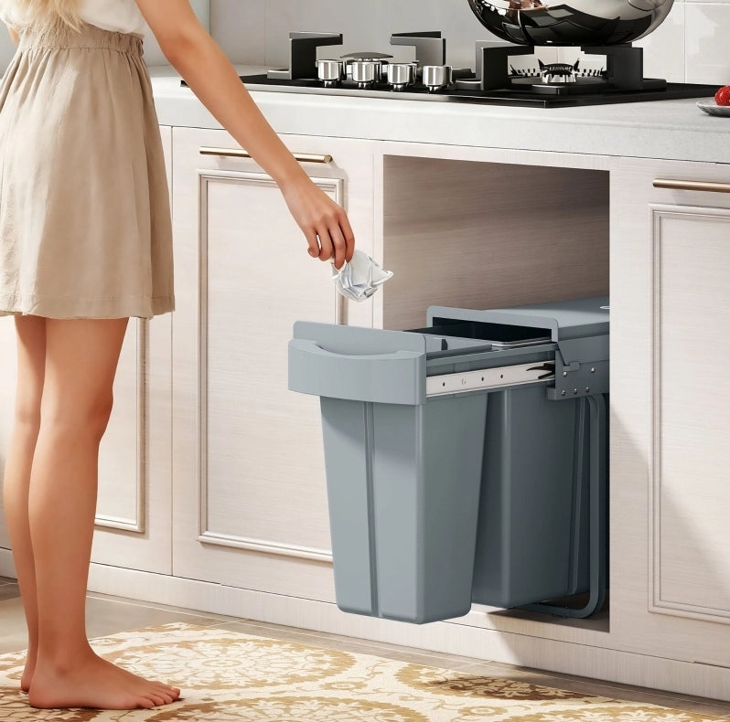 Pattumiera da cucina estraibile 30 L grigia in metallo con 2 secchi, sottopiano