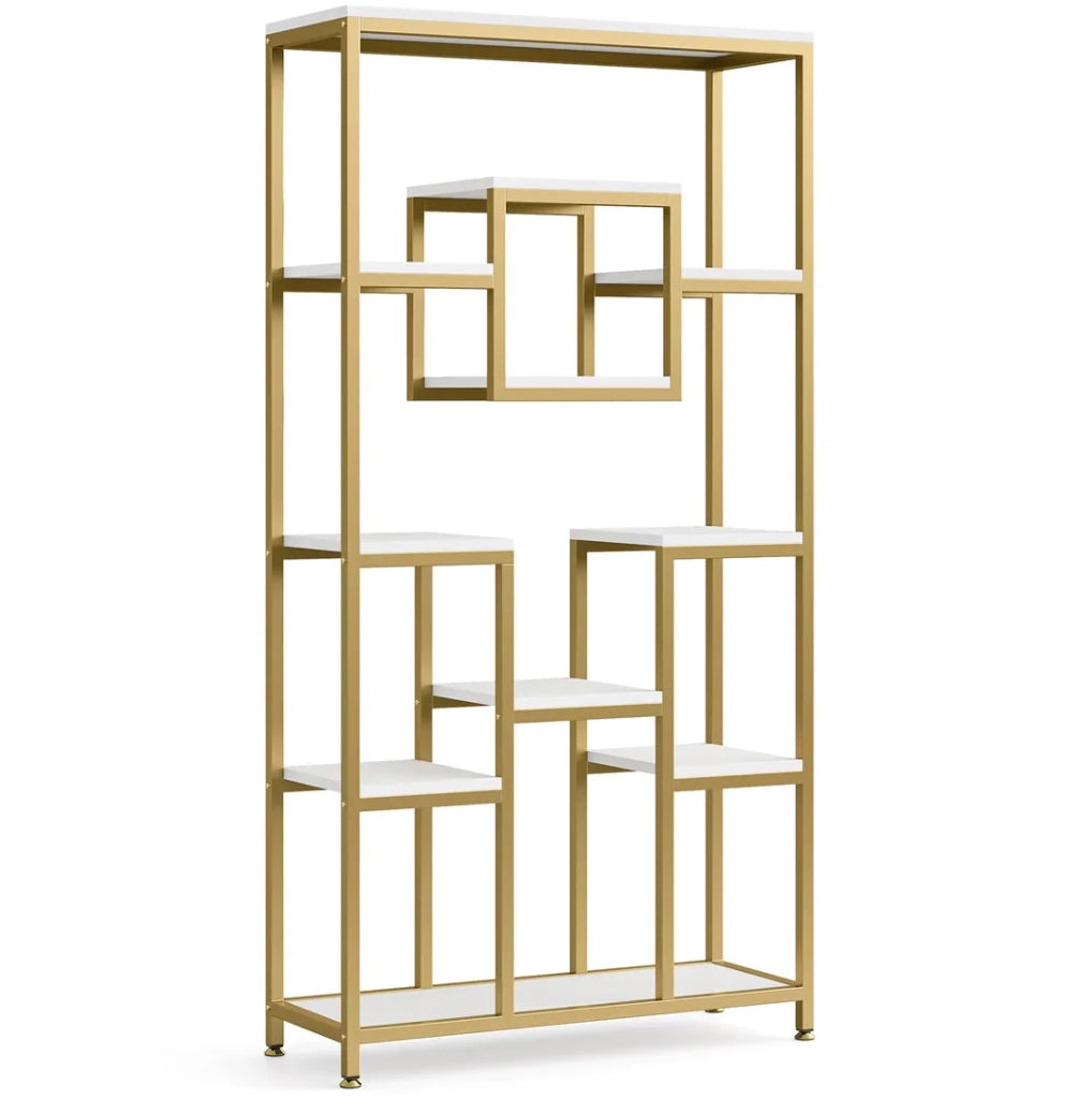 Libreria aperta 90 x 34 x 182 cm in metallo e legno, oro e bianco