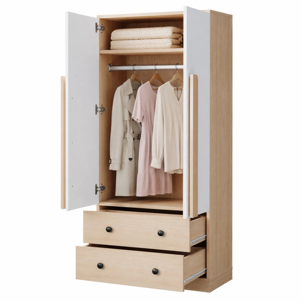 Armadio ULEVR 70x40x170 cm con 2 ante, 2 cassetti e vano interno, legno naturale e bianco