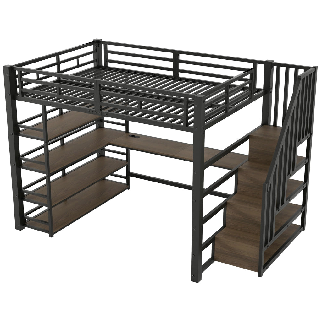Letto a soppalco in metallo 140x200 cm con scrivania integrata, scala contenitore, luce LED e porta USB, nero