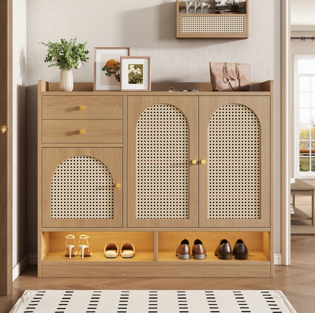 Mobile portascarpe con LED, ante in rattan e cassetti