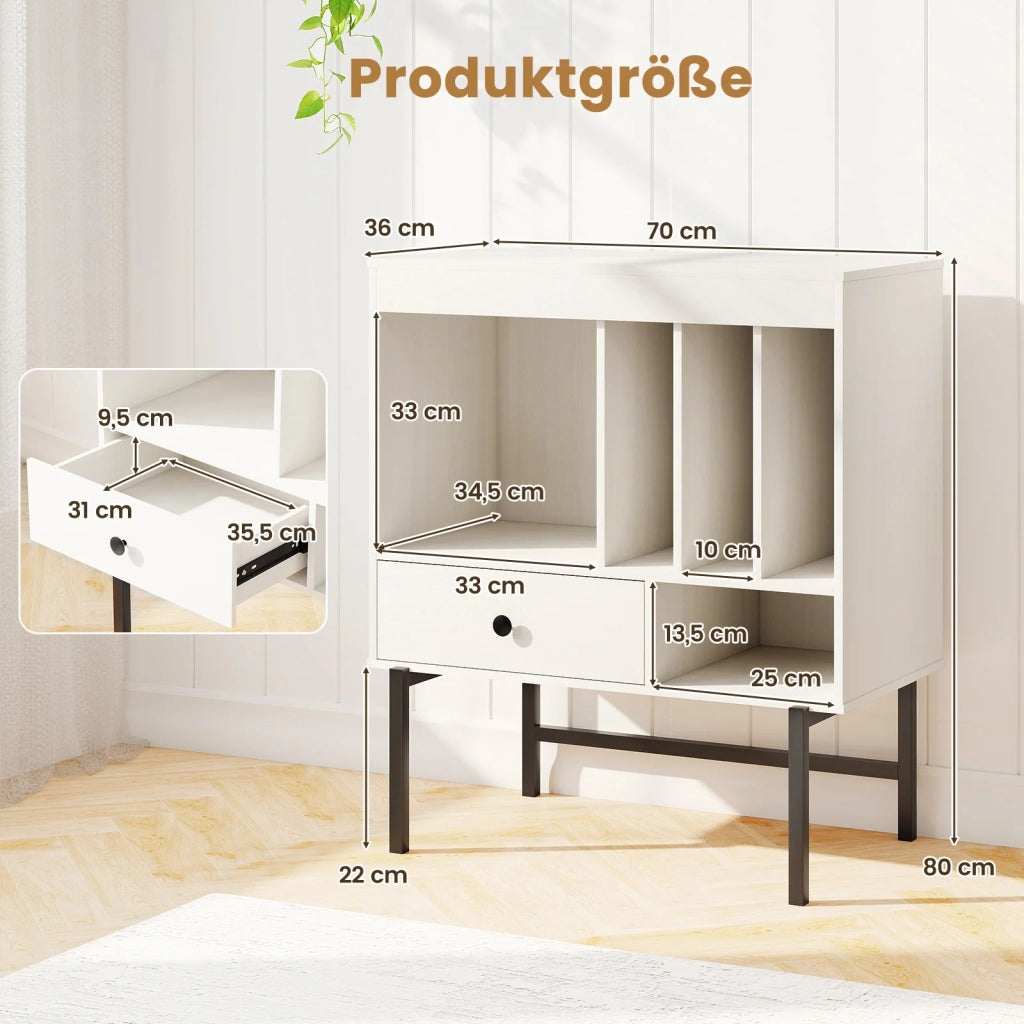 Large Record Player Stand with Open Compartments and Album Holders-White