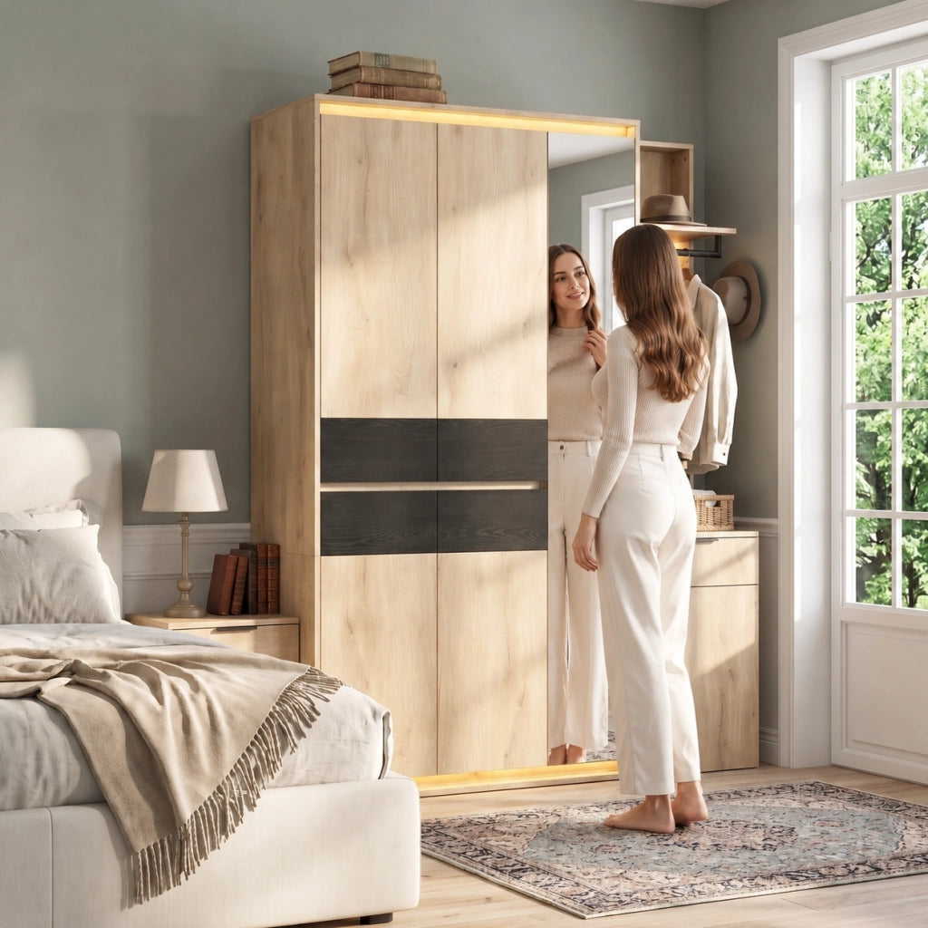 Armadio ingresso con 3 barre appendiabiti, 5 cassetti, specchio e 3 luci LED in MDF rovere 155x47x200 cm