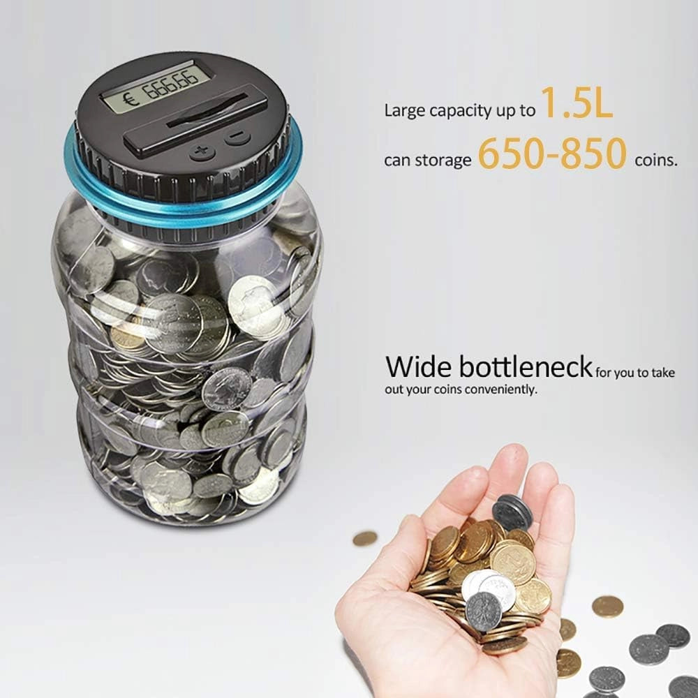 Cassetta portamonete digitale con contatore di monete, capacità 1,5/1,8 litri, display LCD