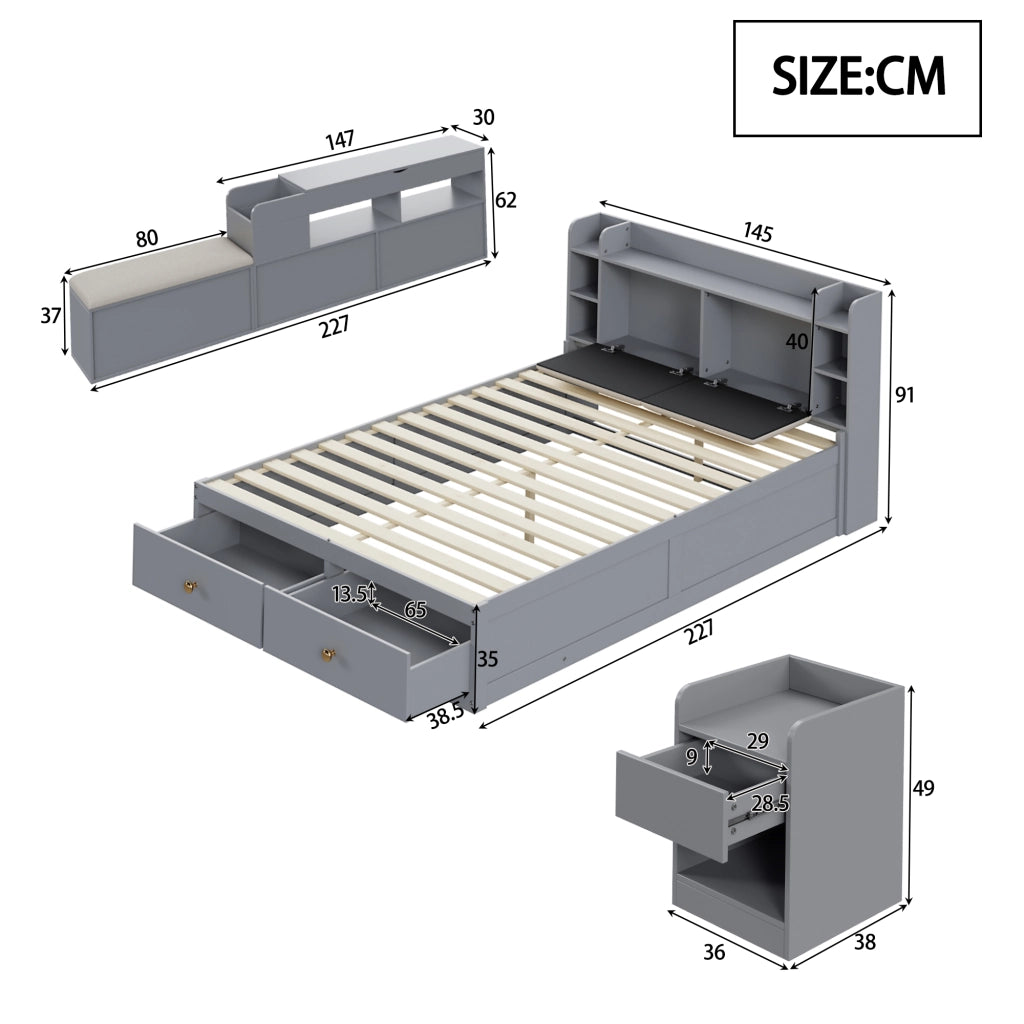 Letto una piazza e mezza 140x200 con cassetti grigio