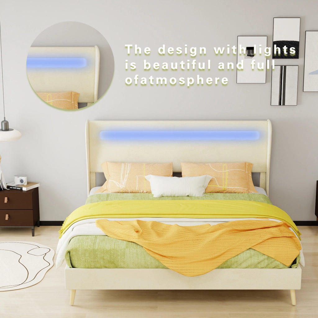Letto Moderno Imbottito 160x200 cm con Testiera LED Integrata, Beige, Struttura Bassa Senza Contenitore, Materasso Incluso