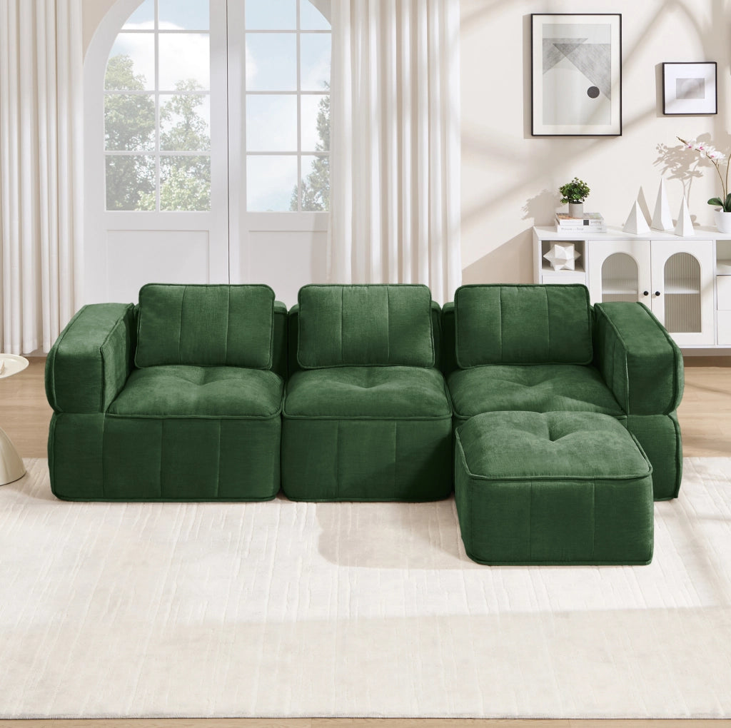 Divano modulare verde in poliestere con pouf, 271 × 162 × 67 cm