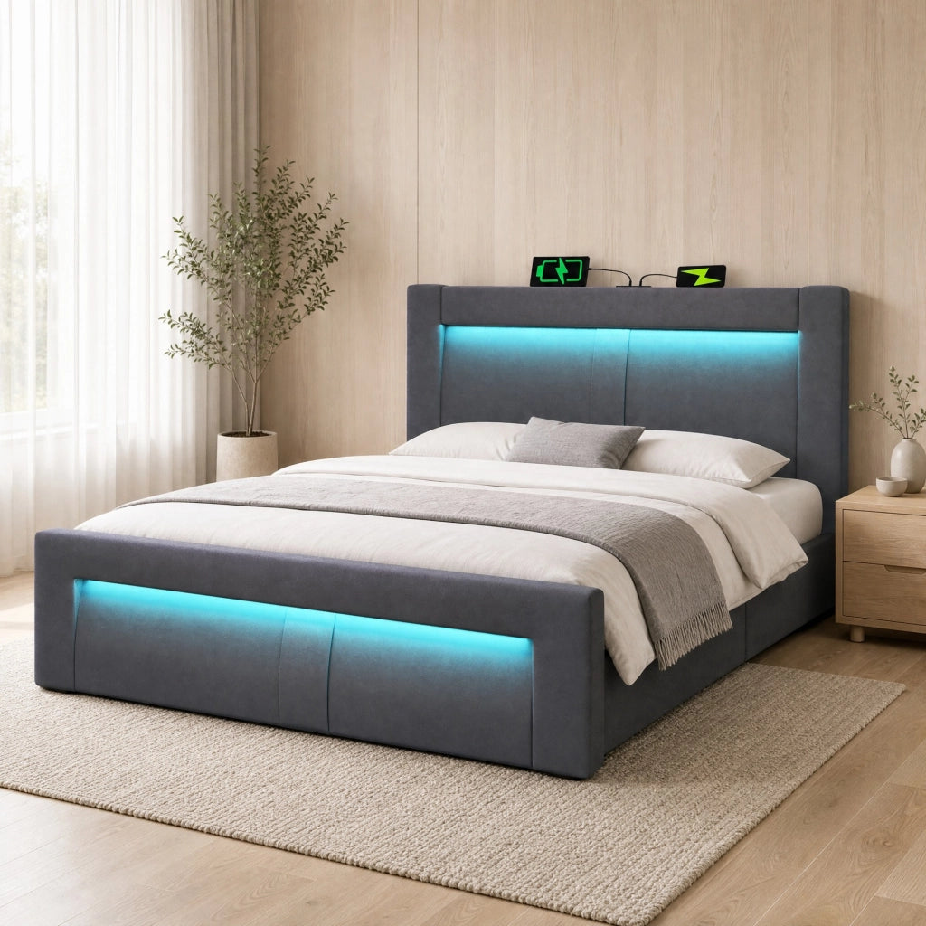 Letto matrimoniale 140x200 cm con contenitore; LED; USB e Type-C; velluto grigio