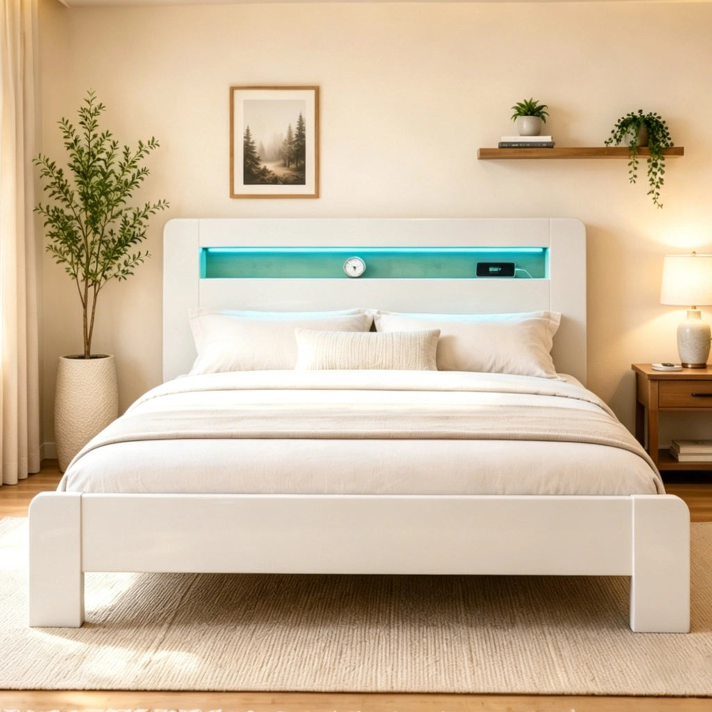 Letto matrimoniale a piattaforma 180 × 200 cm in legno bianco con testiera contenitore LED e prese integrate