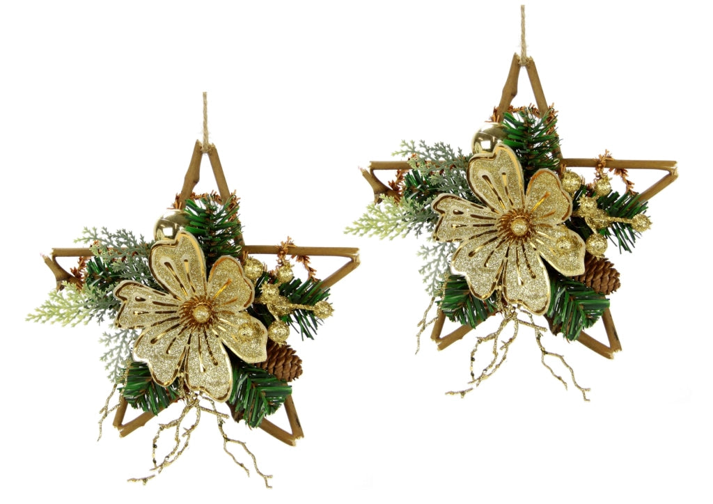 Set di 2 stelle in rattan con magnolia, rami di pino e bacche, 20x20 cm