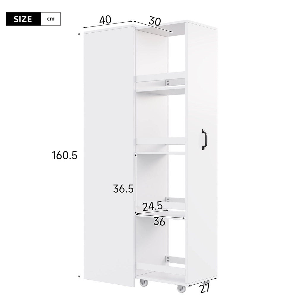 Libreria stretta bianca in MDF con ruote e contenitori, 40 × 30 × 160,5 cm
