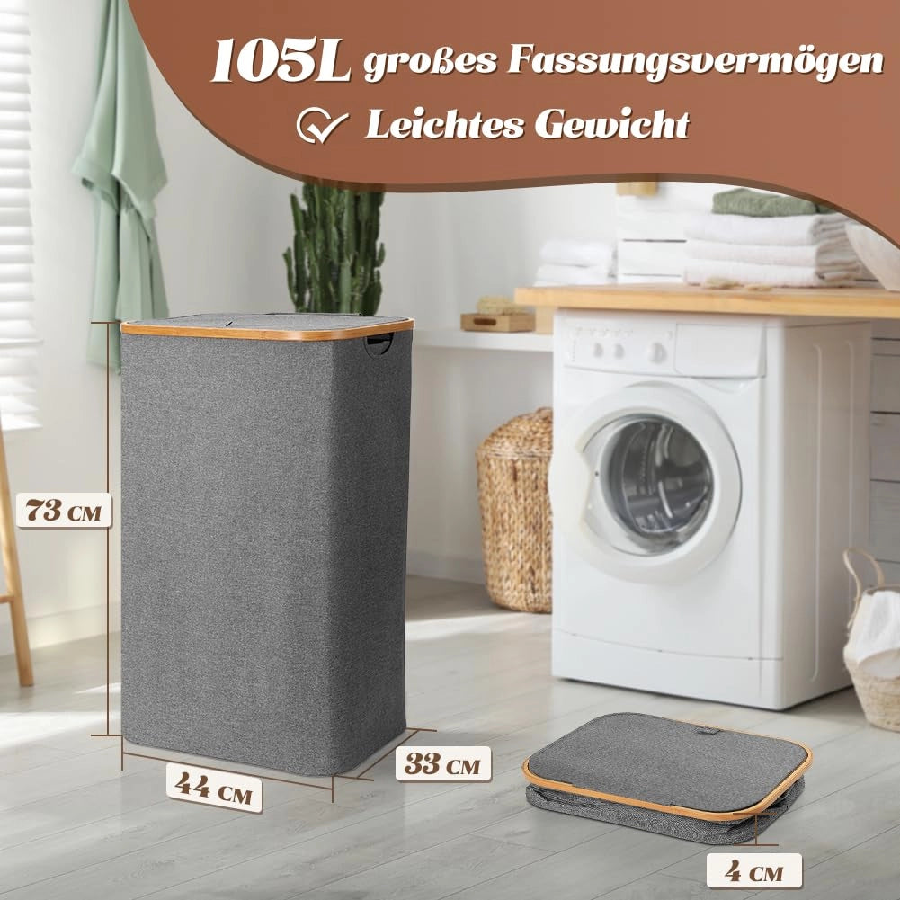 Cesto portabiancheria pieghevole da 105 litri, con coperchio e maniglie, colore grigio