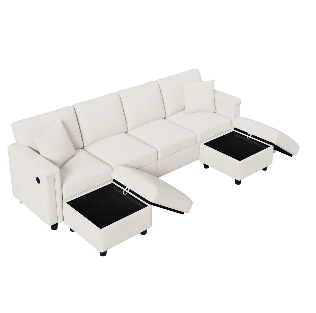Divano modulare in ciniglia beige con 2 pouf contenitore e prese USB