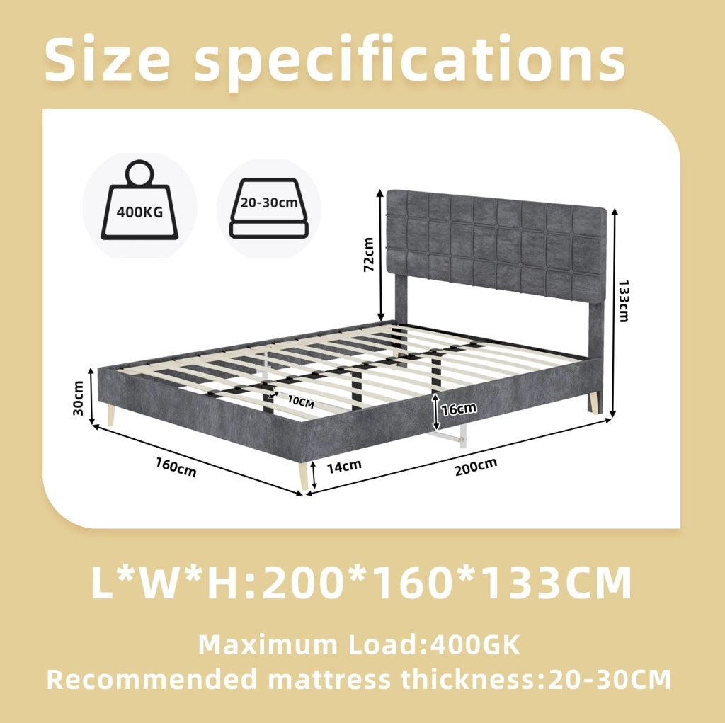 Letto matrimoniale grigio scuro in tessuto con testiera imbottita a quadri, 160x200 cm, con materasso incluso