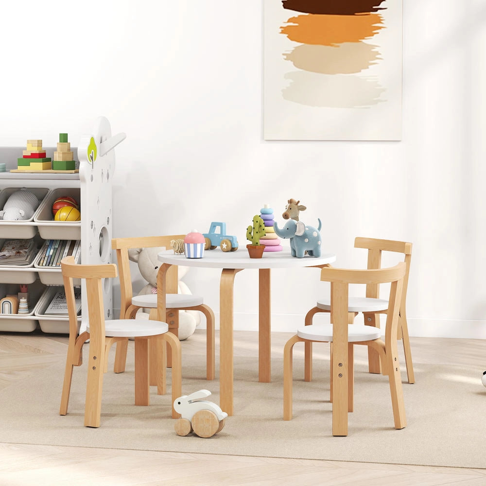 Set Tavolo e Sedie per Bambini 3-8 Anni 5 Pezzi in Legno Bianco con Angoli Arrotondati Robusto per Cameretta e Casa