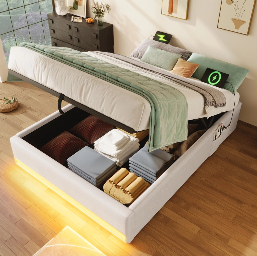 Letto imbottito 90x200 cm in lino con LED, porte USB e Type-C, contenitore idraulico, beige