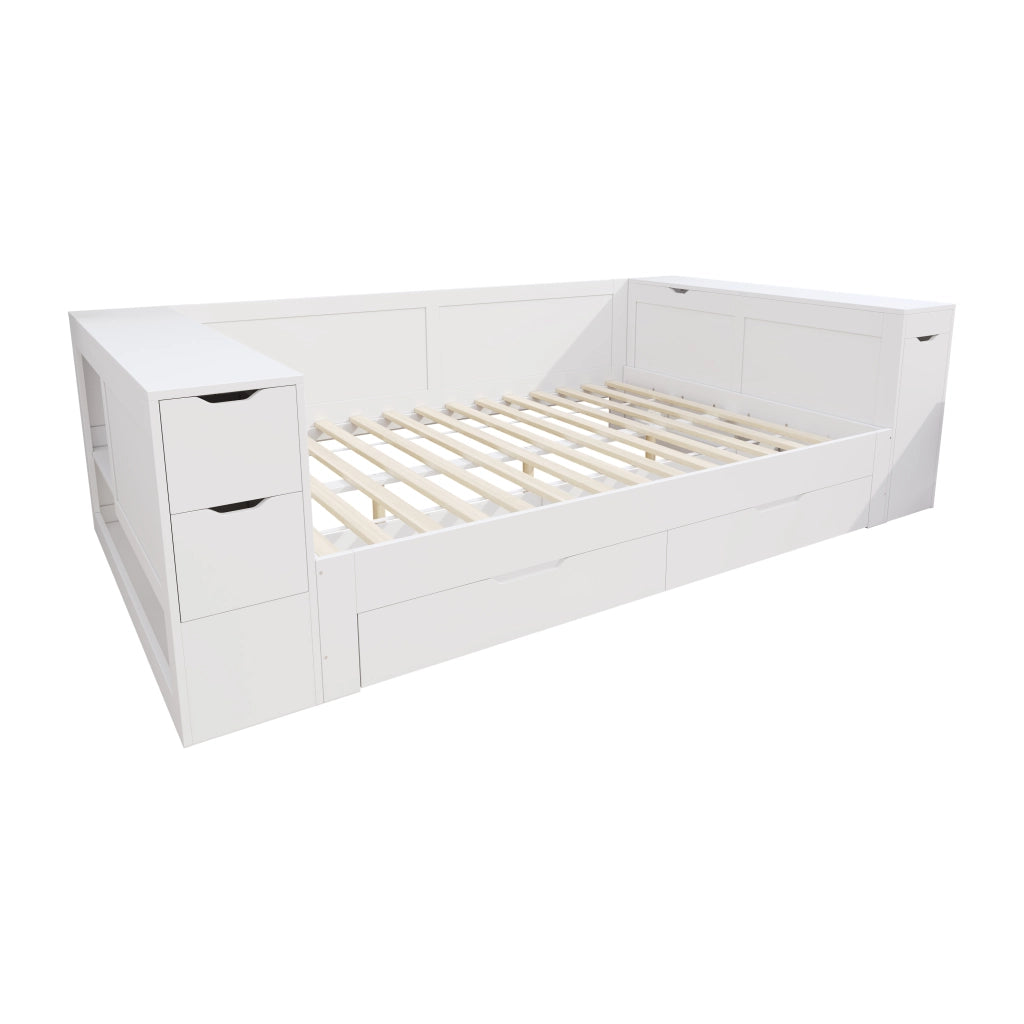 Letto contenitore 140x200 cm in MDF bianco con cassetti; armadietti e comodino integrato