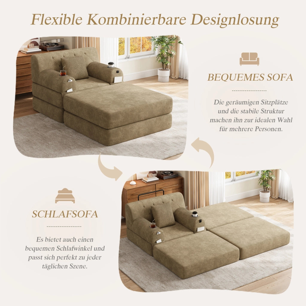 Poltrona letto in velluto a coste color cachi con tasche e portabicchieri