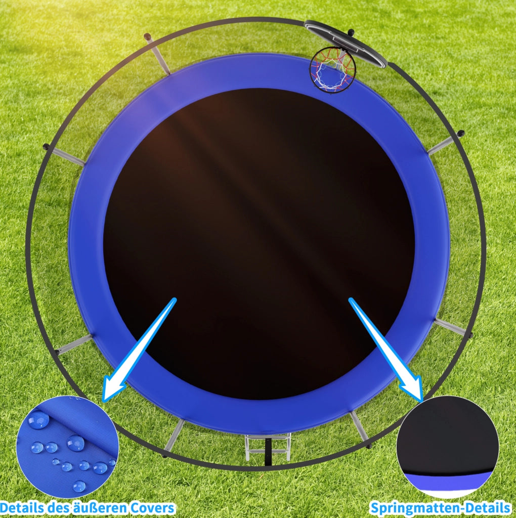 Trampolino rotondo da esterno 366 cm blu con rete di sicurezza, canestro e scala