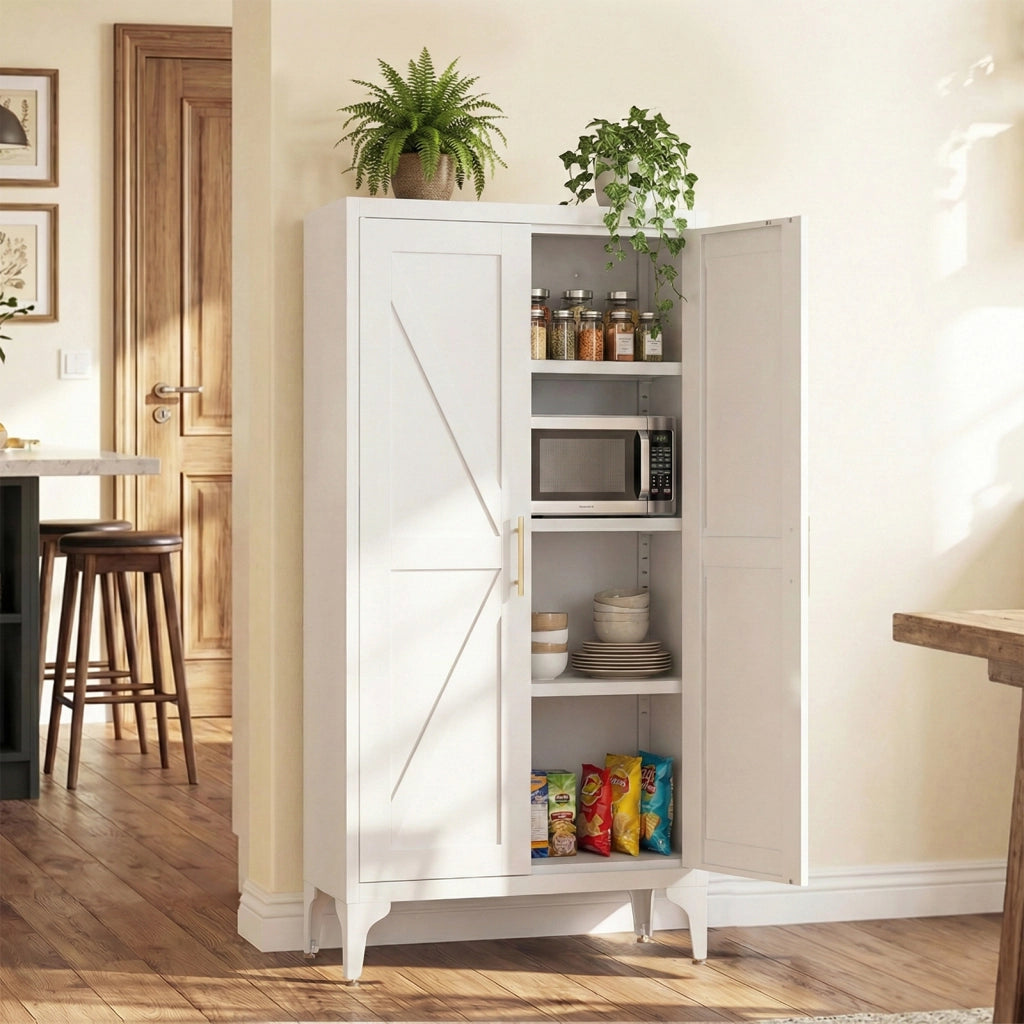 Mobile contenitore da cucina in metallo bianco con 2 ante 3 ripiani regolabili maniglie dorate e piedini regolabili