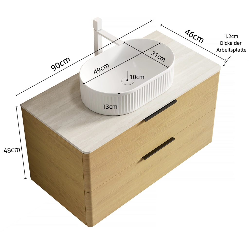 Mobile bagno sospeso 90 cm con lavabo ovale bianco, piano in travertino sintetico e mobile in compensato con 2 cassetti effetto quercia Corolla