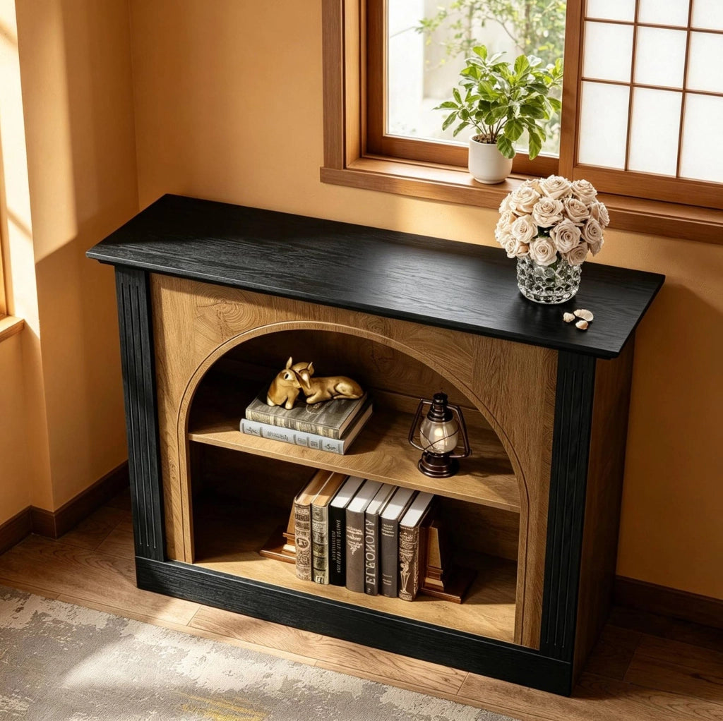 Mobile TV 110x30 cm in legno nero e rustico, stile Mid-Century