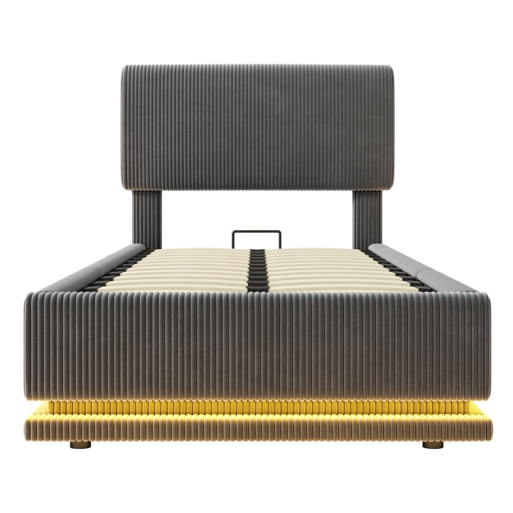 Letto singolo imbottito 90 × 200 cm con LED e USB C testiera regolabile vano contenitore velluto a coste grigio scuro