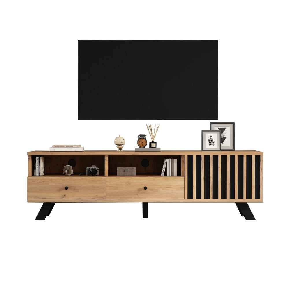 Mobile TV da 150x38x44 cm con 2 cassetti e 1 anta, struttura in truciolato, colore legno naturale e nero, adatto per TV fino a 60 pollici