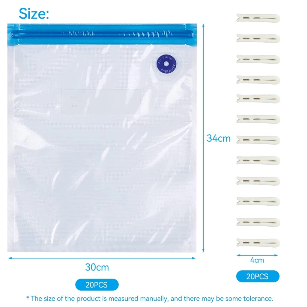 Sacchetti sottovuoto, 20 pezzi, senza BPA, 30x34 cm, con valvola e clip