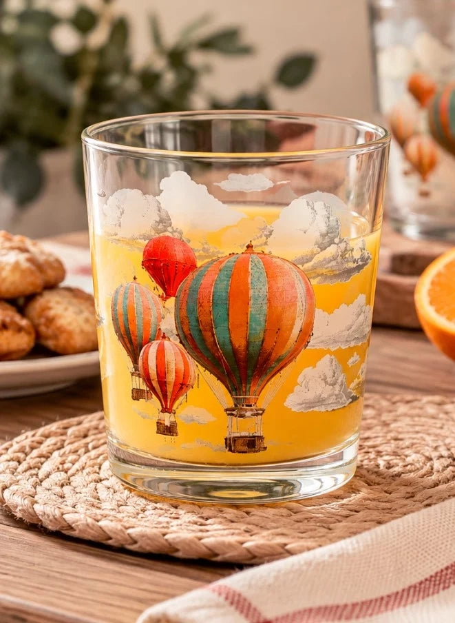 Set 3 Bicchieri Sky Voyager in Vetro da 35 cl – Bicchieri Acqua con Decorazione Mongolfiere Colorate e Nuvole, Design Originale per Tavola, Succhi e Bevande H&H
