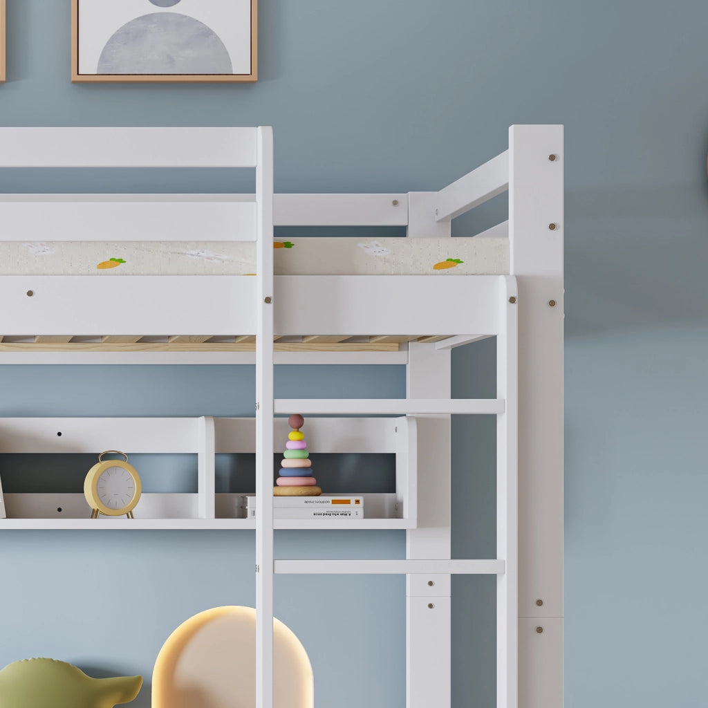Letto a castello per bambini con letto estraibile; scaffale da 2 metri e scala; bianco; 90x200 cm