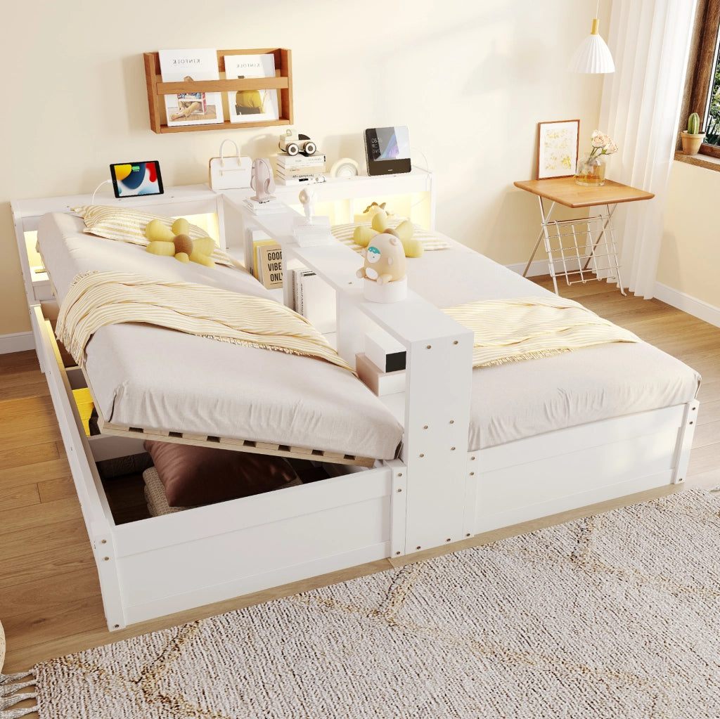 Divano letto multifunzionale 90/180 × 200 cm in legno massello con LED, prese multiple e contenitori, bianco