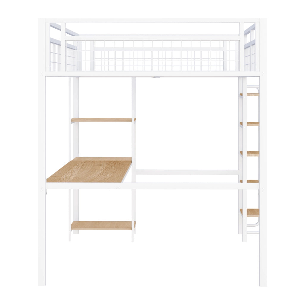 Letto a soppalco 140 × 200 cm con scrivania e ripiani in metallo bianco scala di sicurezza e barriera