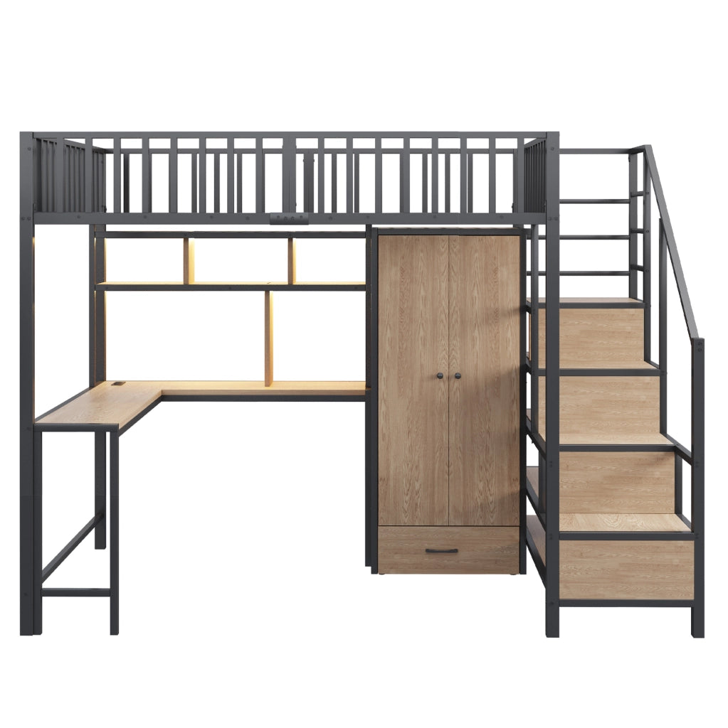 Letto a soppalco 140 × 200 cm con scrivania; armadio; LED; USB e Type-C; nero