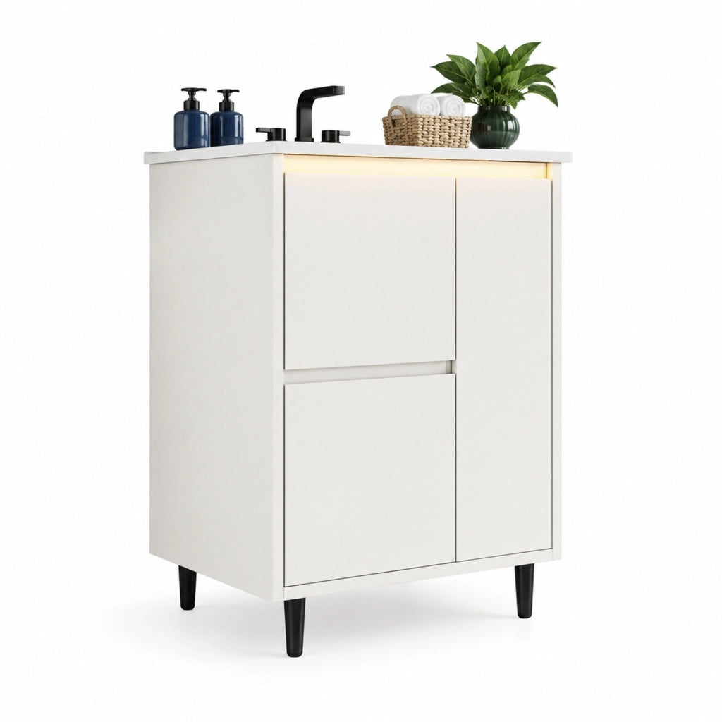 Mobile bagno bianco 61x46,5x87 cm con lavabo in ceramica integrato e cassetti soft-close