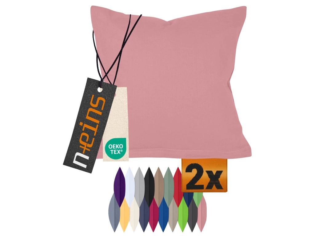Set di due federe per cuscini, 40x40 cm, color rosa antico, in cotone, con chiusura a zip