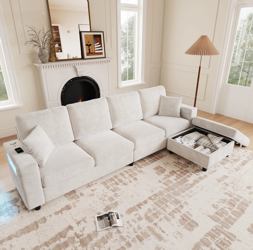 Divano Angolare Modulare 4 Posti in Poliestere 282 x 153 x 82 cm - LED USB e Type-C Beige