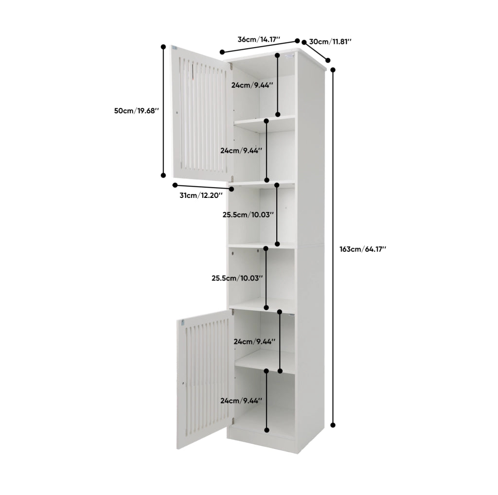 Mobile bagno alto 163 cm in MDF bianco con ripiani regolabili e ante a lamelle