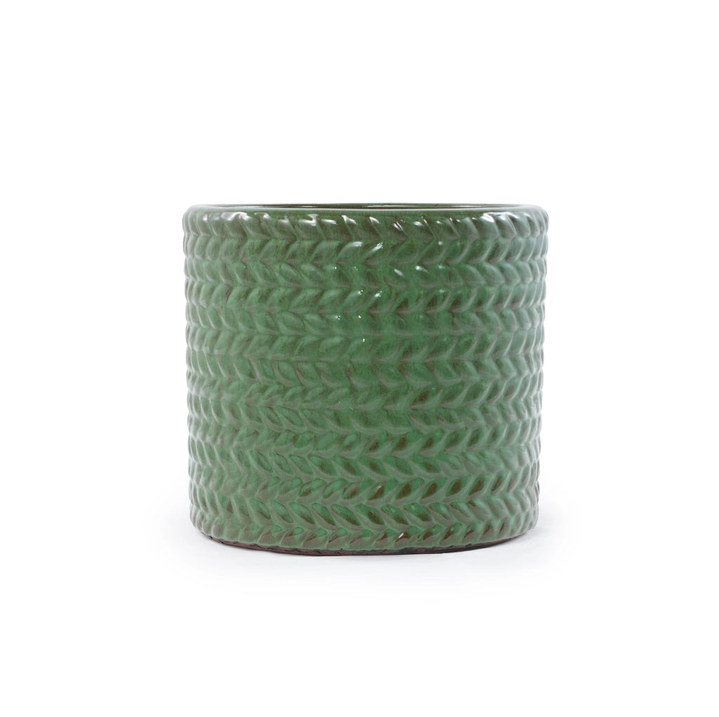 Vaso per piante in ceramica verde oliva lucido con motivo a spina di pesce