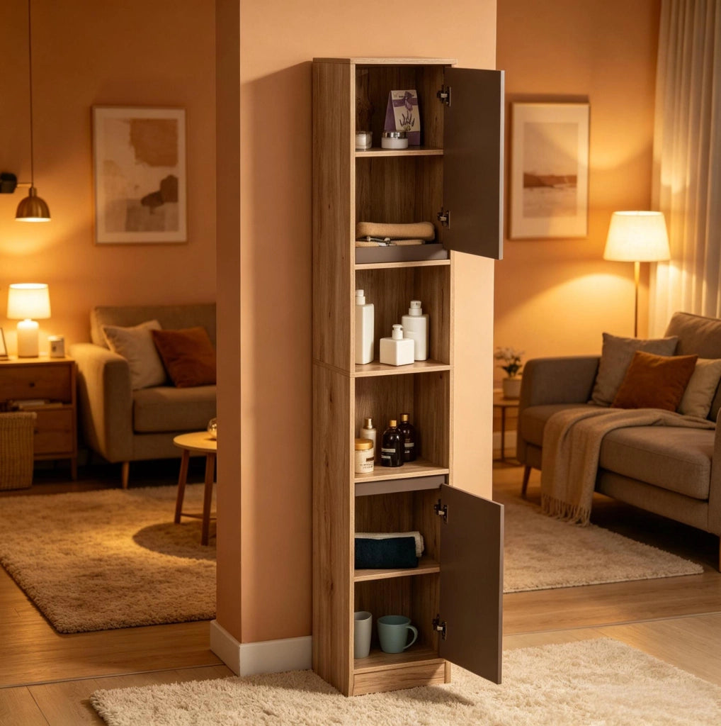 Mobile alto e stretto da bagno grigio e rovere con ripiani regolabili