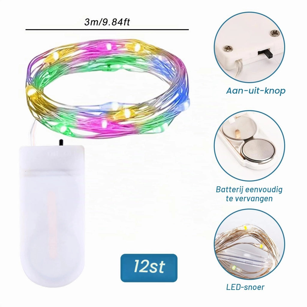 Catena luminosa a LED, set da 12, lunghezza 3 metri, 30 LED, multicolore, filo di rame