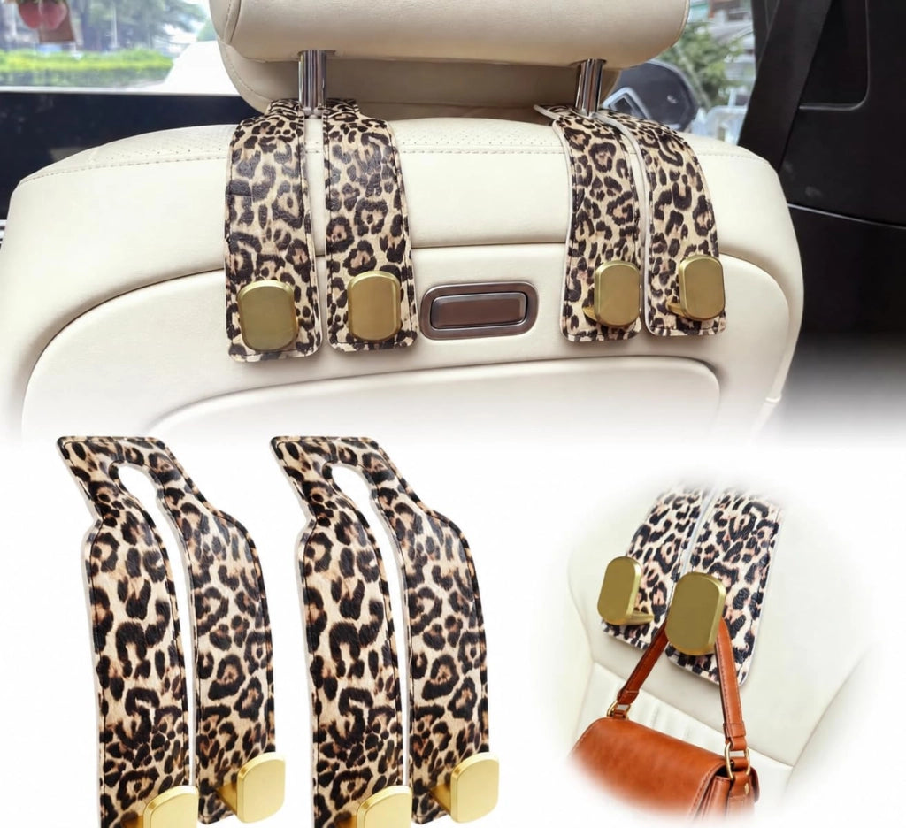 Set di 2 ganci per poggiatesta per auto, motivo leopardo, ecopelle, con doppio gancio