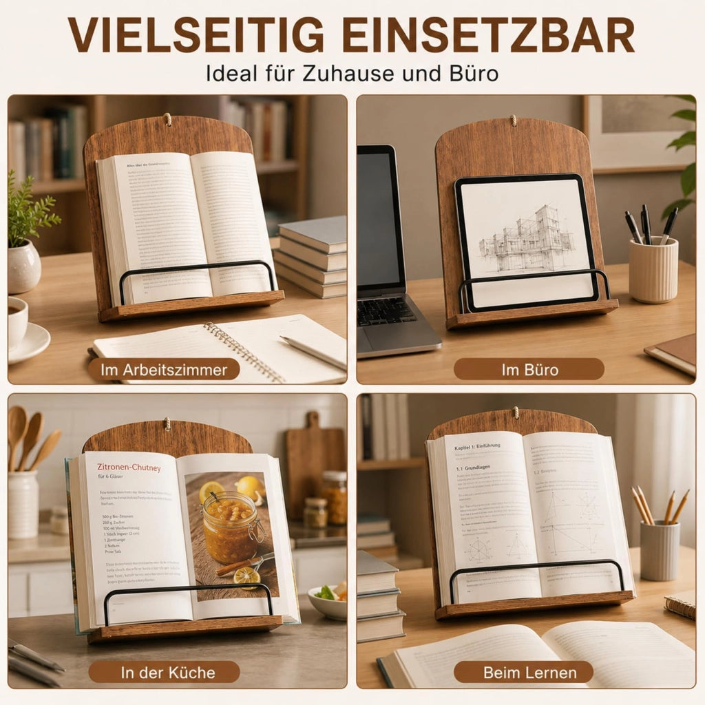 Supporto per libri in legno pieghevole, regolabile, con sistema di bloccaggio in metallo