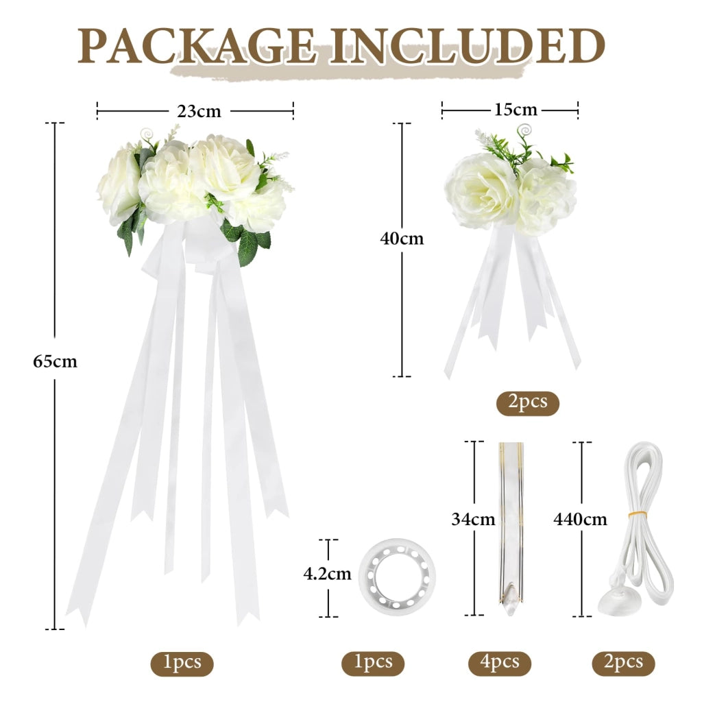Set per decorare l'auto per il matrimonio, composto da 3 rose, nastri e fiocchi